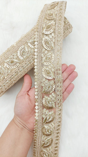 Gold Sequins Trim 2 Yards Decorative Floral Embroidered Lace Sari Border Costume Ribbon Crafting Sewing Tape